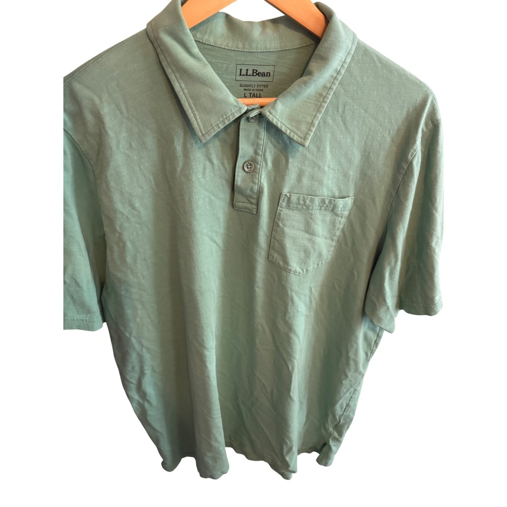 LL Bean Mens Large Tall Organic Cotton Polo Shirt Sage Green Slightly Fitted